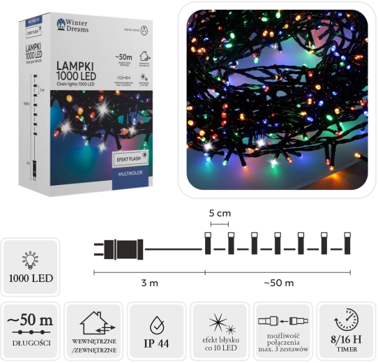 Χριστουγεννιάτικη LED φωτεινή γιρλάντα 1000 διόδων multicolor με ψυχρό λευκό flash 50 m (3 m τροφοδοσία) - 1 τεμάχιο
