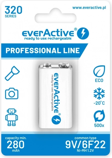 Επαναφορτιζόμενη μπαταρία everActive 9V 320 mAh Ni-MH έτοιμη για χρήση