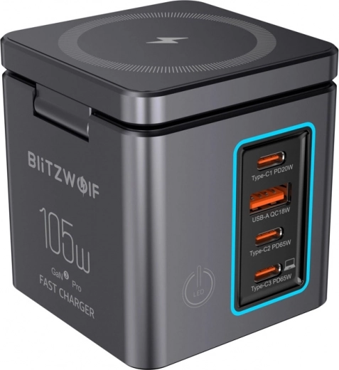 BlitzWolf GaN επιτοίχιος φορτιστής 105 W με USB-A, 3× USB-C και ασύρματη φόρτιση