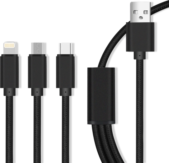 Maxlife νάιλον καλώδιο φόρτισης 3σε1 Micro USB / USB-C / Lightning 2,1 A, μαύρο