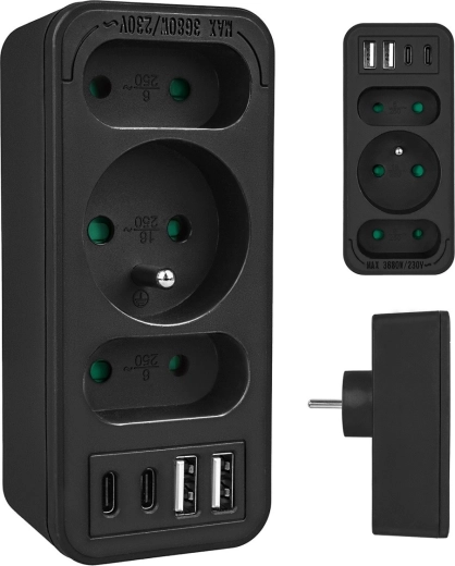 Διακλαδωτής πρίζας με 3 εξόδους και USB-A/USB-C, μαύρος
