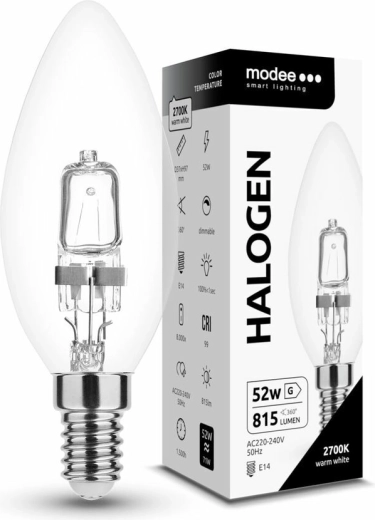 Αλογονολαμπτήρας Modee σε σχήμα κεριού C35 52 W E14, 815 lm, θερμό λευκό