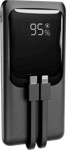 Powerbank 10.000 mAh με ενσωματωμένα καλώδια, οθόνη LCD και γρήγορη φόρτιση 20 W, μαύρο