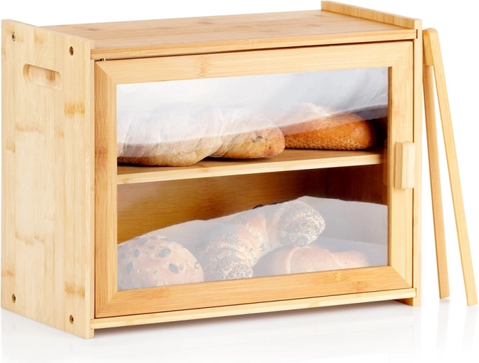 Διώροφο ψωμιέρα από μπαμπού με λαβίδα 40 × 20 × 31 cm