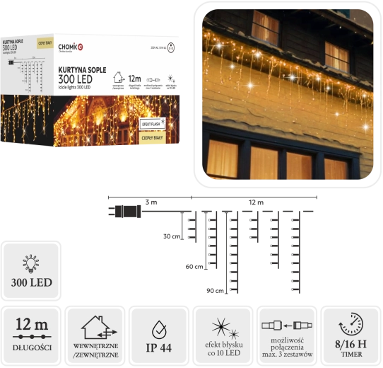Φωτεινή κουρτίνα – σταλακτίτες 300 LED θερμό λευκό 15 m - 1 τεμάχιο