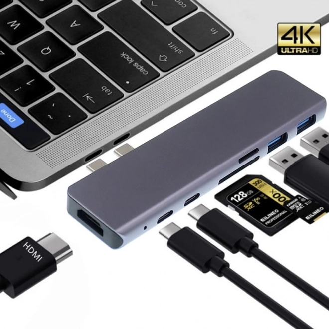 Προσαρμογέας 7 σε 1 USB‑C hub με HDMI 4K και αναγνώστη SD για MacBook Pro/Air – γκρι