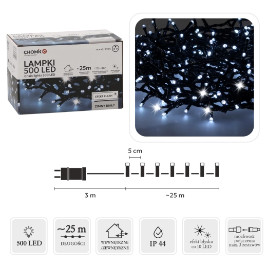 LED χριστουγεννιάτικη φωτεινή γιρλάντα 500 LED ψυχρό λευκό + ψυχρό flash, 28 m (25 m φωτιζόμενο τμήμα) για εσωτερική και εξωτερική χρήση - 1 τεμάχιο