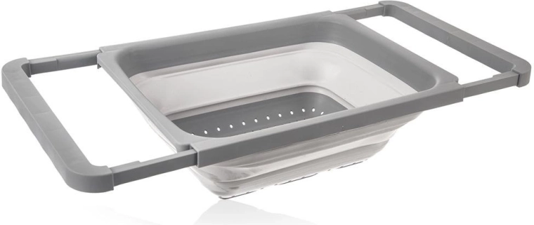 Αναδιπλούμενο σιλικονούχο σουρωτήρι πάνω από τον νεροχύτη με συρόμενες λαβές 39 × 26,5 cm