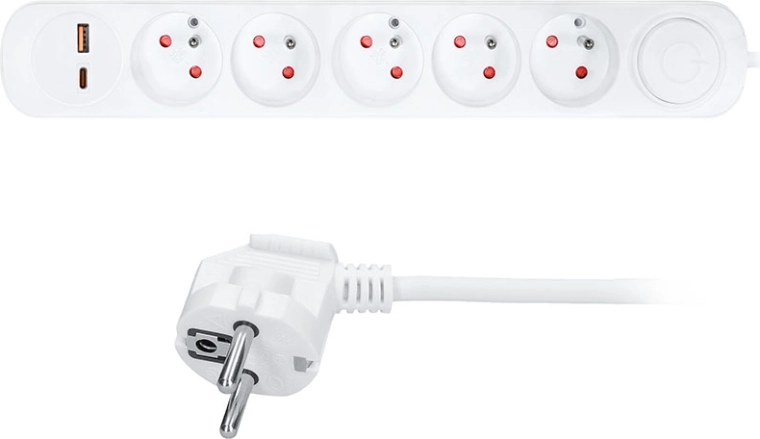 Solight πολύπριζο με 5 υποδοχές και φόρτιση USB-A/C, 3 m, λευκό
