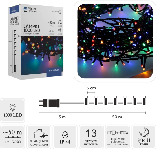 Χριστουγεννιάτικη LED φωτεινή γιρλάντα 1000 διόδων multicolor 50 m, εσωτερική/εξωτερική - 1 τεμάχιο