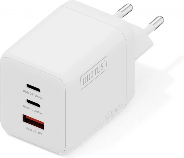 Επιτοίχιος φορτιστής USB GaN 100 W, 2× USB‑C και 1× USB‑A, λευκός