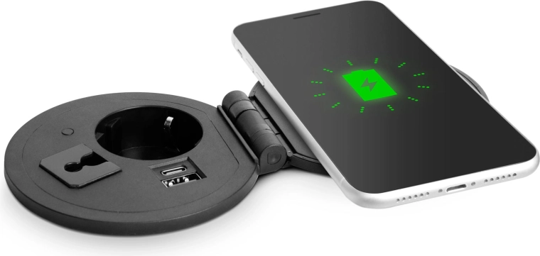 Εντοιχιζόμενη αναδιπλούμενη πρίζα με USB, USB-C και ασύρματη φόρτιση