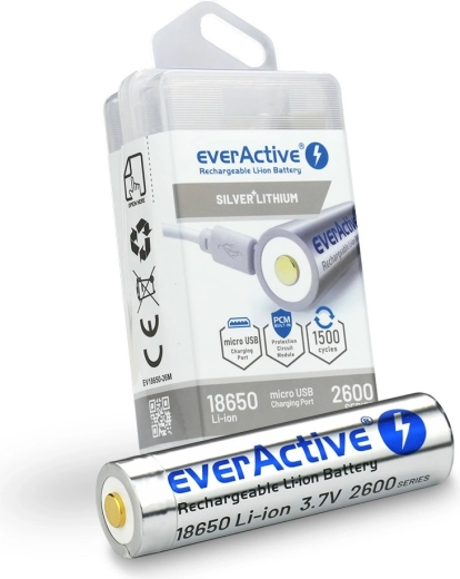 Επαναφορτιζόμενη μπαταρία 18650 3,7 V Li‑ion 2600 mAh με micro USB EVERACTIVE