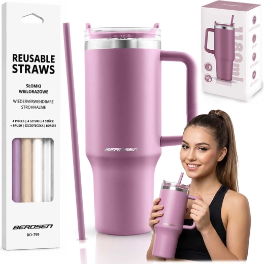 Berdsen θερμοκούπα κενού 1180 ml με σετ καλαμακιών, ροζ