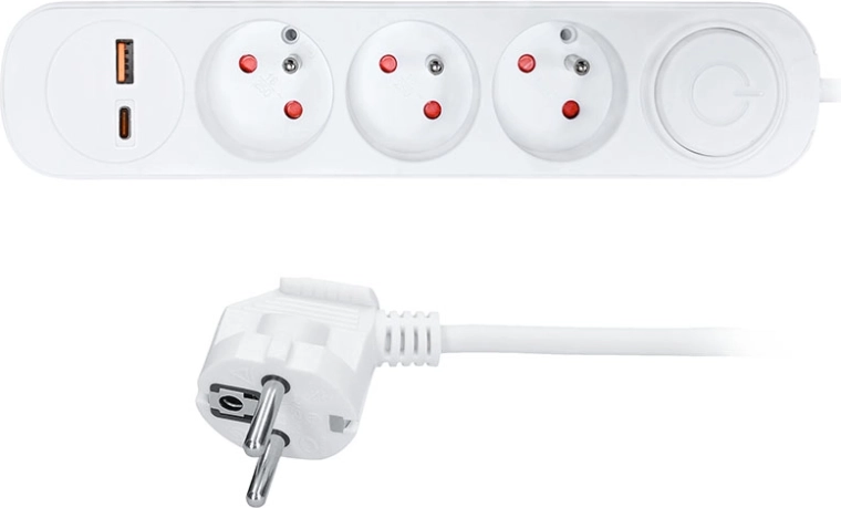 Solight πολύπριζο 3 θέσεων με USB-A και USB-C PD 20 W, 2 m, λευκό, με διακόπτη