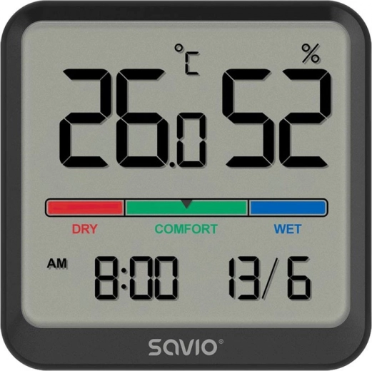 Ψηφιακό θερμόμετρο και υγρόμετρο SAVIO με LCD, ρολόι και ημερομηνία, μαγνητική βάση στήριξης – Μαύρο