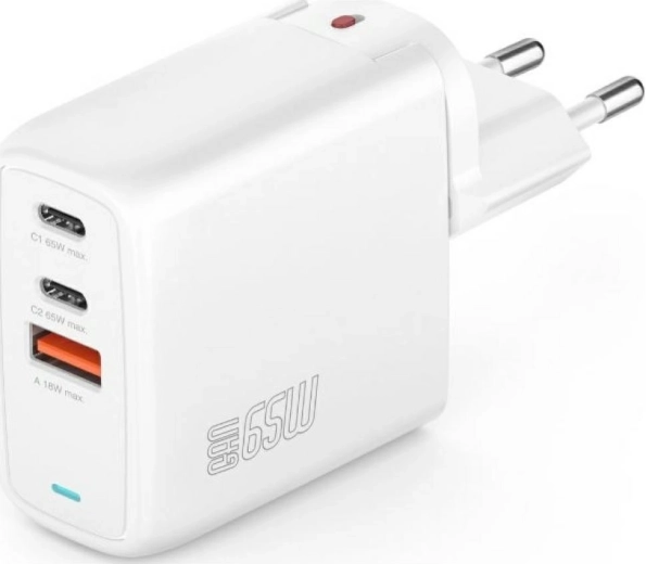 Φορτιστής τοίχου GaN Flex 65W, 2× USB‑C + 1× USB‑A, λευκός