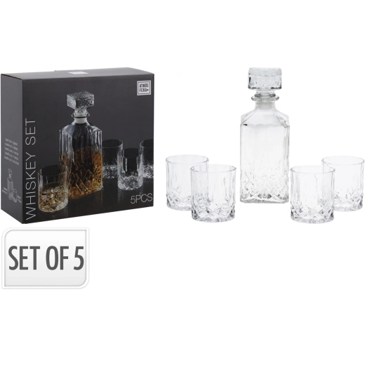Γυάλινη καράφα για ουίσκι 900 ml με 4 ποτήρια 230 ml, σετ 5 τεμαχίων