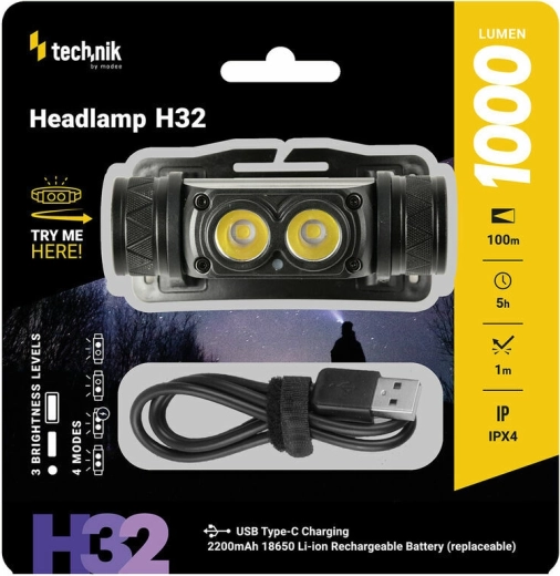 Επαναφορτιζόμενος φακός κεφαλής με LED OSRAM P9, USB‑C, 1000 lm, στροβοσκόπιο Technik MT-H32