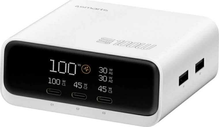 Επιτραπέζιος φορτιστής 4smarts GaN 100 W με οθόνη, 3× USB‑C + 2× USB‑A, λευκός