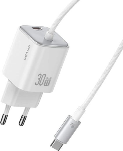 USAMS σειρά JC CC264 30 W GaN ταχυφορτιστής με ενσωματωμένο καλώδιο USB‑C (λευκός)