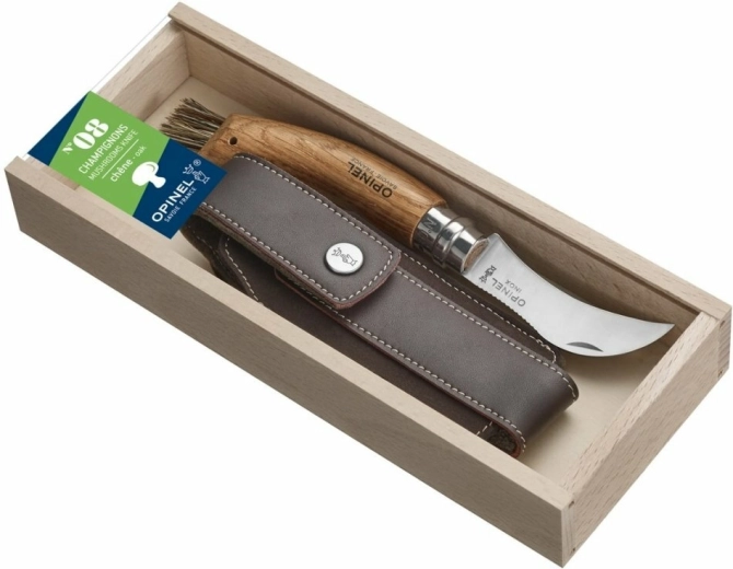 Opinel N°08 Inox μανιταρομάχαιρο τσέπης, δρυς, δερμάτινη θήκη, κουτί δώρου