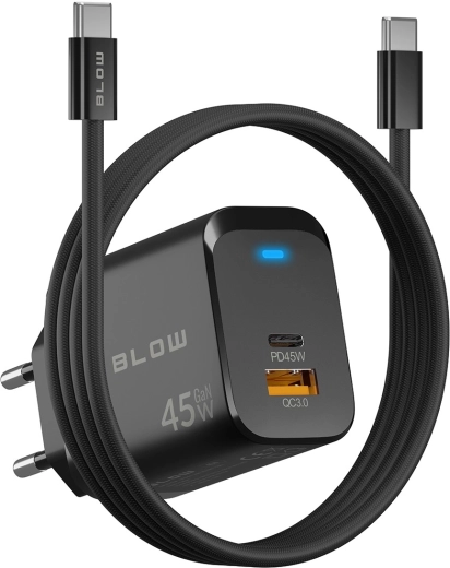BLOW φορτιστής τοίχου GaN 45 W (USB-C PD + USB-A QC 3.0) με καλώδιο USB-C–USB-C