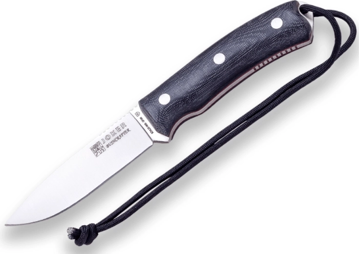 Joker CM120-P Bushcrafter ανθεκτικό μαχαίρι υπαίθρου 10,5 cm, μαύρη Micarta, δερμάτινη θήκη και πυρόλιθος