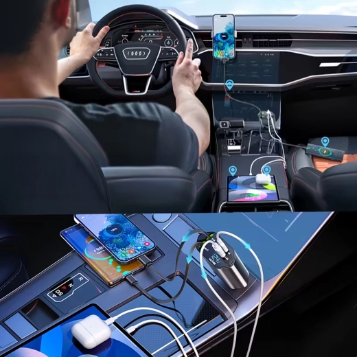 Φορτιστής αυτοκινήτου 4σε1 με USB‑C και Lightning, αναδιπλούμενο καλώδιο, γρήγορη φόρτιση 100 W