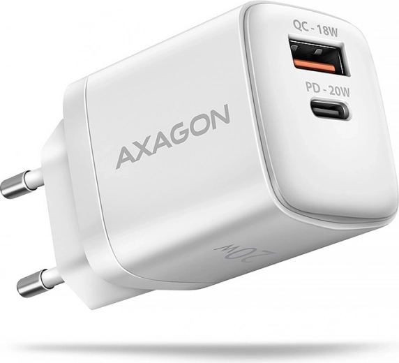 Axagon GaN φορτιστής δικτύου 20 W USB-C PD + USB-A QC λευκός