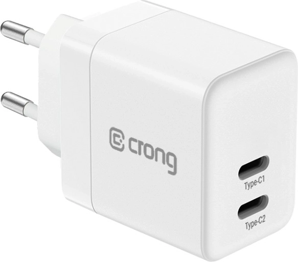 Crong ultra συμπαγής GaN επιτοίχιος φορτιστής 2× USB-C 35 W PD 3.0 με PPS λευκός