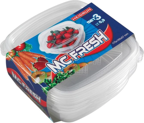 Πλαστικά τετράγωνα δοχεία με καπάκι HEIDRUN McFresh 0,9 l, σετ 3 τεμ.