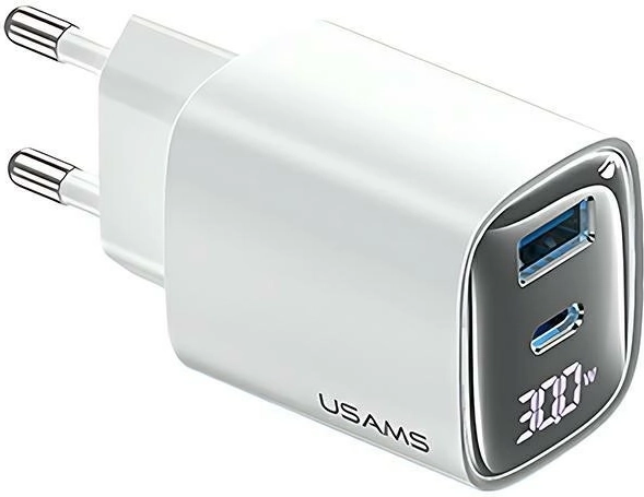 Φορτιστής δικτύου 30W GaN με οθόνη LED USB + USB‑C λευκός