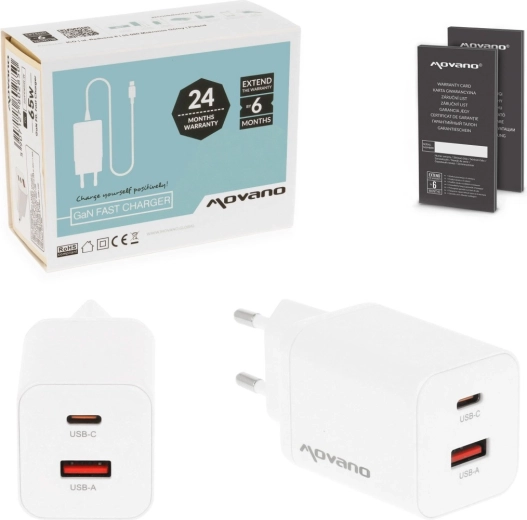 Φορτιστής Movano GaN 45 W USB‑C PD + USB‑A λευκός