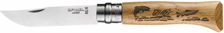 Opinel N°08 Inox Animalia σουγιάς με μοτίβο ψαριών, ξύλο δρυός, 8,5 cm