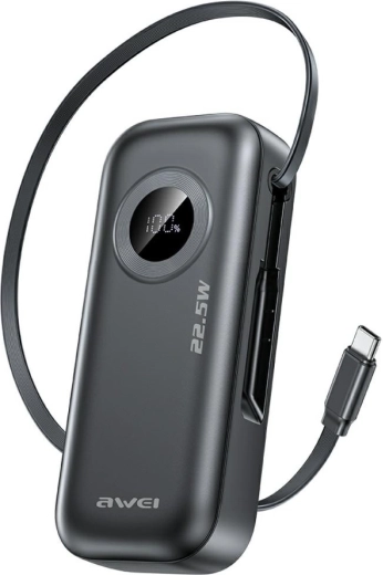 Powerbank Awei PA-9 10.000 mAh 22,5 W με ενσωματωμένο καλώδιο USB-C μαύρο
