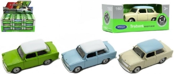 Μεταλλικό μοντέλο Trabant 1:60 από τη Welly, 7 cm, ελεύθερη κύλιση, μίξη χρωμάτων