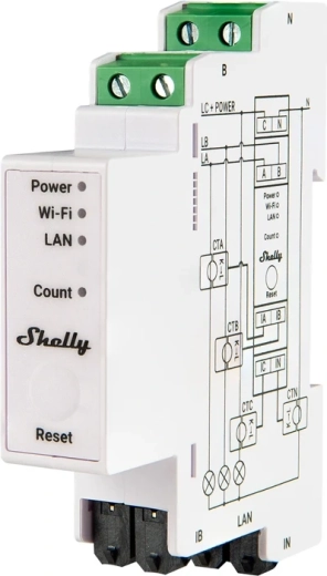 Shelly Pro 3EM Matter τριφασικός μετρητής ηλεκτρικής ενέργειας 120 A για ράγα DIN