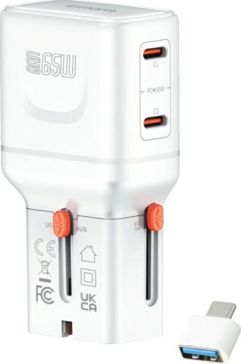 Ταξιδιωτικός φορτιστής 4smarts World Travel Adapter Nomad Pocket GaN 65 W, USB‑C + USB‑A, λευκός