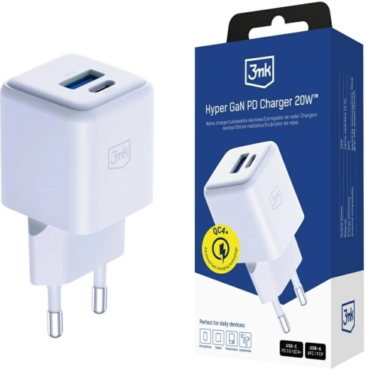 3mk Hyper GaN φορτιστής πρίζας 20 W USB-A και USB-C λευκός
