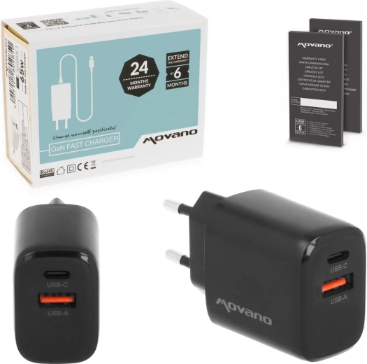 Movano φορτιστής τοίχου GaN 20 W USB‑C PD + USB‑A μαύρος