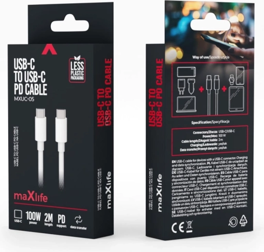 Maxlife καλώδιο USB‑C σε USB‑C 2 m 100 W λευκό