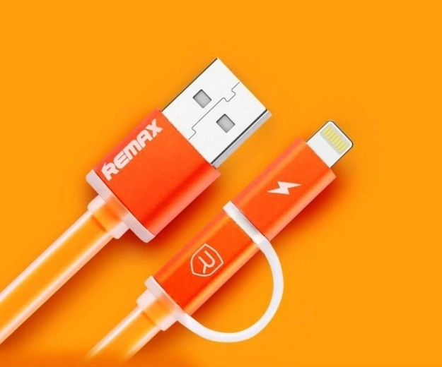 Remax Aurora 2σε1 καλώδιο φόρτισης και δεδομένων USB–Lightning/micro‑USB, πορτοκαλί