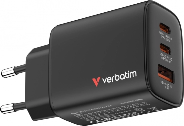 Verbatim Essentials GaN φορτιστής πρίζας 65 W (2× USB‑C, 1× USB‑A, PD 3.0/QC 3.0) – EU