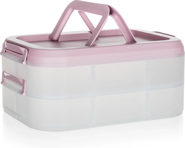 Πλαστικό party box με δύο επίπεδα και λαβές 40 × 28 × 17,8 cm, διαφανές/ροζ