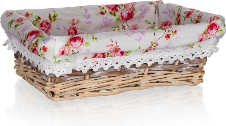 Ψάθινο καλαθάκι Roses ορθογώνιο 21 × 16 × 6,5 cm με βαμβακερή επένδυση