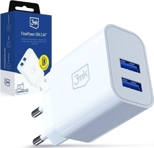 3MK FlowPower φορτιστής πρίζας 10 W, 2× USB-A, 2,4 A, λευκός