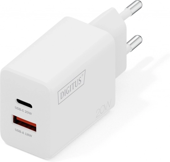 Φορτιστής τοίχου USB 20 W, 1× USB‑C και 1× USB‑A, λευκός