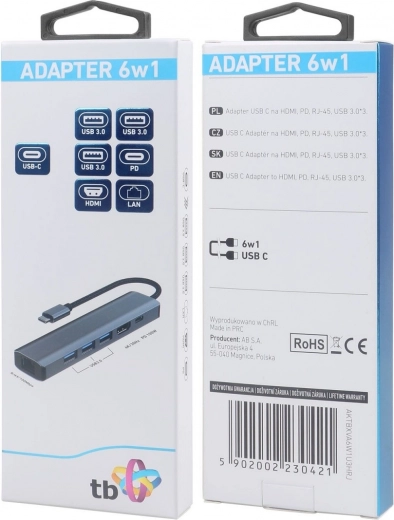 Προσαρμογέας HUB USB-C 6σε1 - HDMI, 3x USB, PD, RJ-45