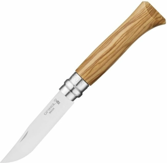 Opinel N°08 Inox πτυσσόμενο σουγιάς 8,5 cm, ξύλο ελιάς, δερμάτινη θήκη, ξύλινο κουτί